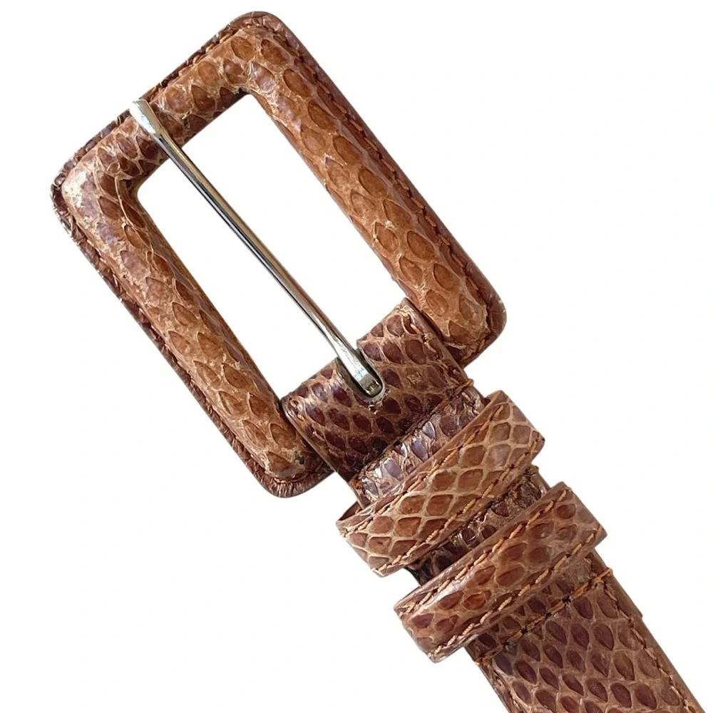 Brown Snakeskin Belt Vintage Square Covered Buckle Size S/M